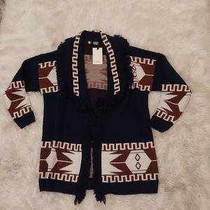 Fringe-Trim Aztec Cardigan Sweater - Navy & Brown